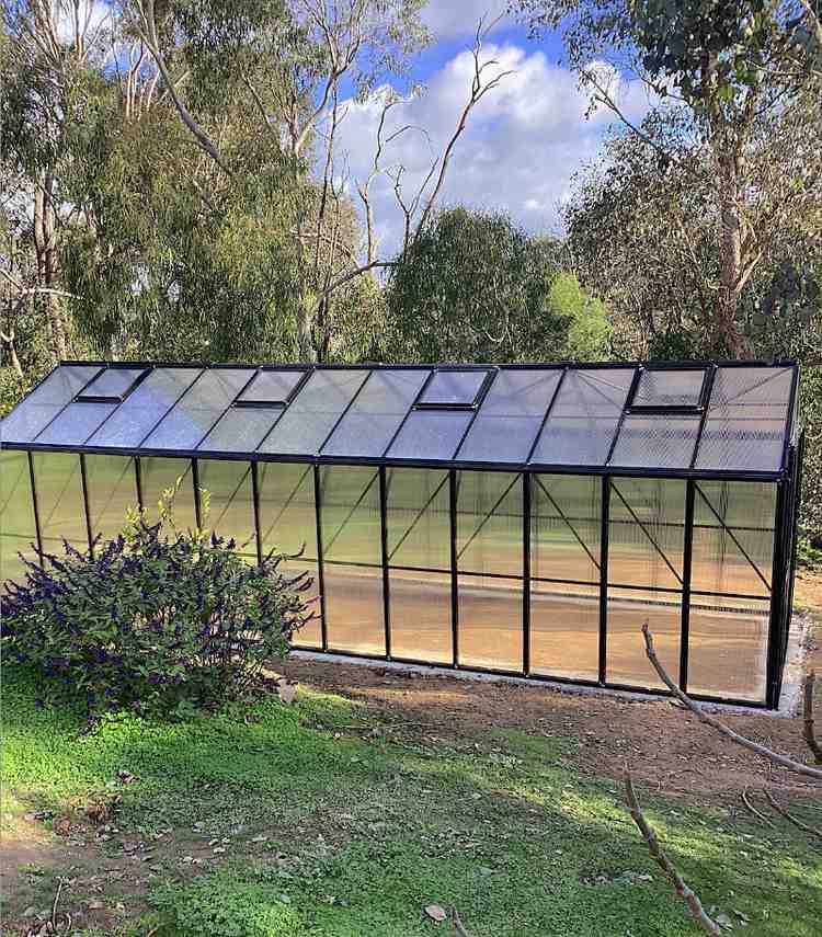 Solexx Gardener's Oasis black-frame model, a premium European-style greenhouse for sale.